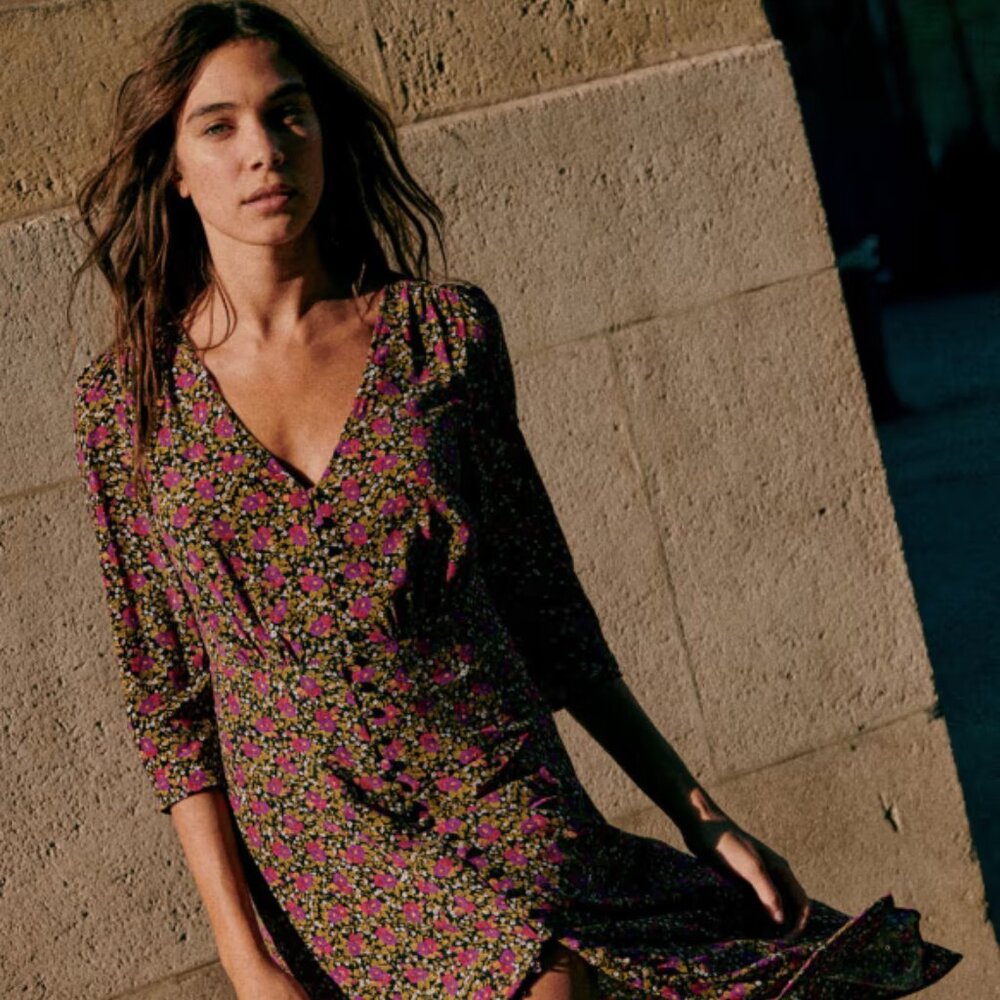 Sezane Black Floral Midi Dress with Pink & Green Print